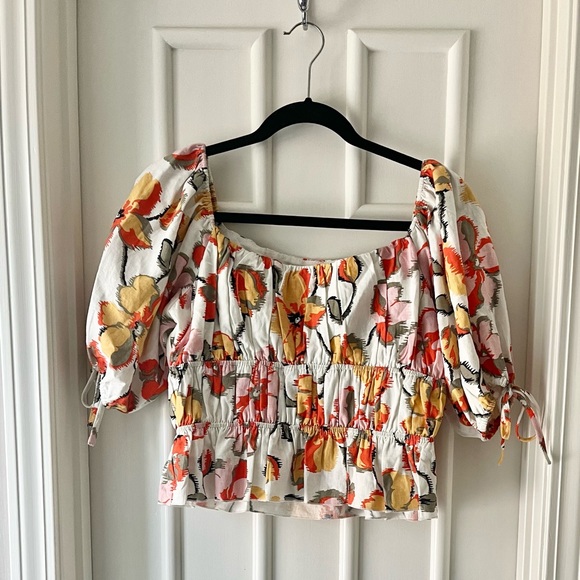 NWOT Moon River Floral Puff Sleeve Linen Top - Picture 3 of 7